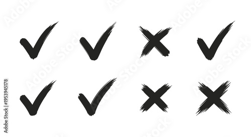 Collection of black hand-drawn brush stroke check marks and crosses representing right and wrong options for design elements.