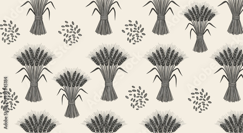 Seamless pattern of hand-drawn wheat bundles and scattered grains on a light background for agricultural and bakery design themes.