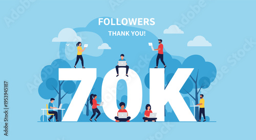 Group of diverse people working on laptops around a large 70k followers sign celebrating successful social media growth milestone.