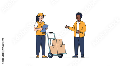 Delivery woman with a hand truck full of cardboard boxes talking to a male customer about his parcel shipment and receipt status.