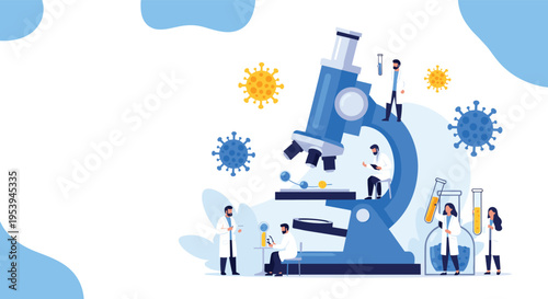 Team of medical scientists and researchers working with a giant blue microscope to study virus cells in a laboratory setting.