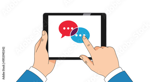Two hands holding a tablet computer with red and blue overlapping chat bubbles on the screen representing digital communication.