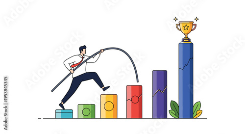Determined businessman using a pole to jump over rising bar chart columns towards a golden trophy on the tallest pillar.