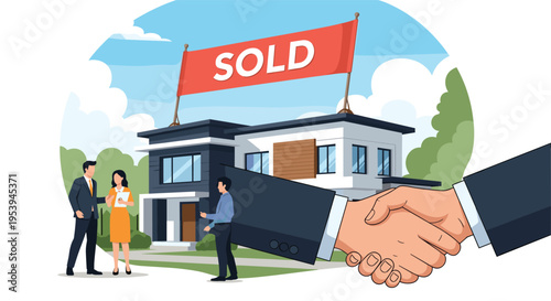 Two professional hands shaking in front of a modern two-story house with a large red sold banner on the roof after a successful sale.