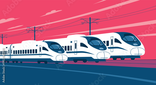 Three modern white high-speed trains traveling fast along tracks against a vibrant pink and purple sunset sky.