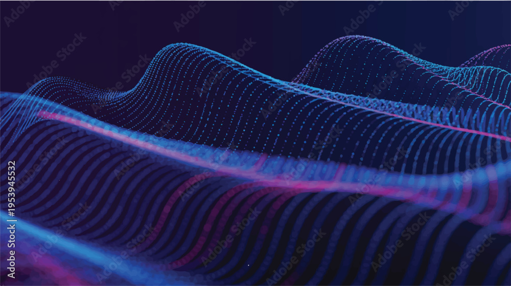Fototapeta premium Abstract undulating landscape of blue and pink digital particles and light waves technology data