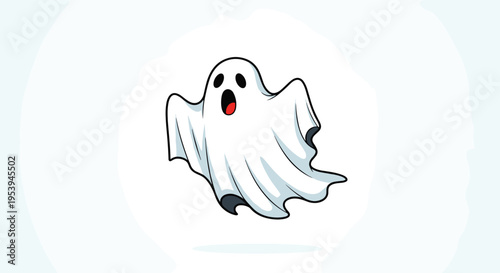 Cute cartoon ghost illustration with a shocked expression and open mouth floating on a light blue gradient background.