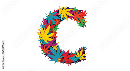 Decorative letter c formed by a mosaic of colorful cannabis leaves in shades of yellow red blue and green for branding.