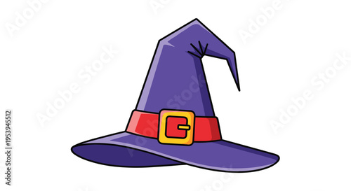 Classic purple witch hat with a red band and a golden buckle isolated on a white background for halloween decorations.