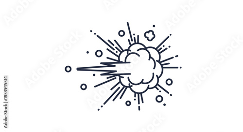 Dynamic line art illustration of a horizontal explosion or rocket thrust with small circles and particles for motion.