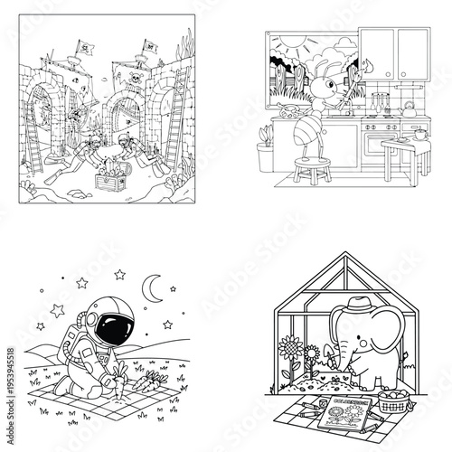Cute outline illustration of astronaut on moon surface with stars and crescent moon