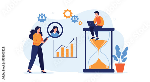 Recruitment concept showing a woman searching profiles with a magnifying glass next to a man sitting on a giant hourglass.