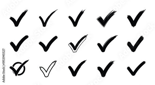 Set of fifteen hand drawn black checkmark icons in various brush and pen styles for voting and success checklists.
