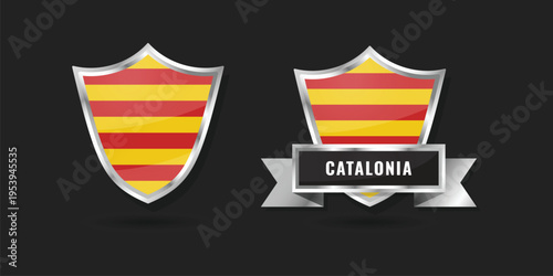 Premium glossy silver shield emblems featuring the Catalan flag (Senyera). Includes badge with name banner. Ideal for regional identity, sports, and cultural celebration designs