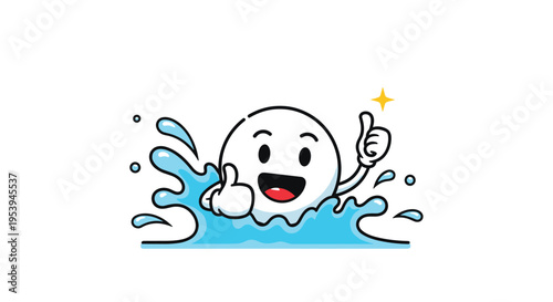 Happy cartoon character giving a double thumbs up while splashing in bright blue water on a white background for fun.