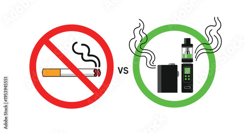 Comparison graphic showing a traditional cigarette with a no smoking sign versus a modern vaping device in a green circle.