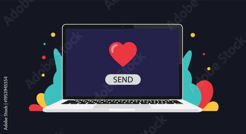 Laptop computer screen showing a red heart icon and a send button representing online dating and digital social interaction.