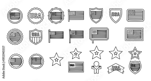 A collection of various line art icons representing the united states flag and american symbols Vector