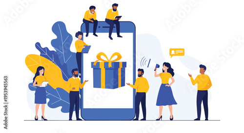 Group of diverse people standing around a large smartphone displaying a blue gift box for online shopping and rewards.
