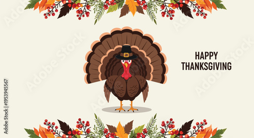 Festive thanksgiving turkey wearing a pilgrim hat surrounded by beautiful fall leaf and berry floral arrangements.