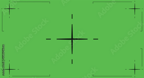 Digital camera viewfinder interface with a central crosshair and corner brackets on a solid green chroma key background.