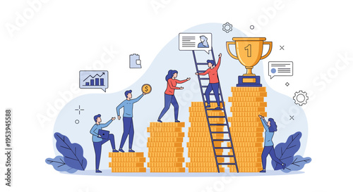 Team of business people climbing a stack of coins to reach a large golden trophy representing professional success and goals.