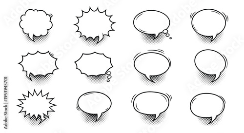 Collection of diverse comic book speech bubbles with halftone dots and various shapes for dialogue and text in graphic novels.