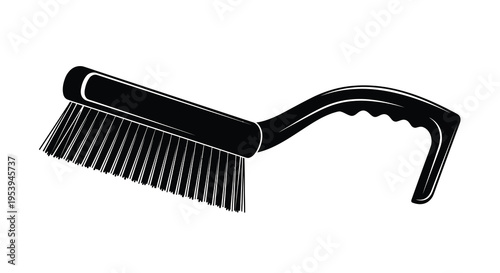 A black and white illustration depicts a cleaning brush with a curved handle and bristles
