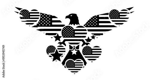Graphic illustration of an american bald eagle composed of stars stripes hearts and patriotic motifs Vector