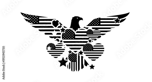 A majestic eagle silhouette filled with american flag patterns and decorative heart and star shapes Vector
