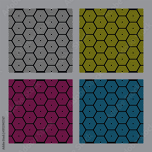 Futuristic Linear Hexagon Pattern and Backdrop Set on Black Background for Modern Tech Design