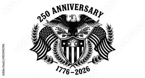 American patriotic emblem featuring a bald eagle with flags for the two hundred fiftieth anniversary Vector