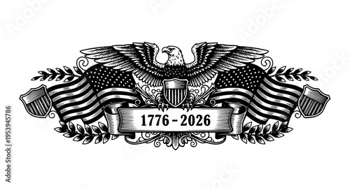 American eagle crest with crossed flags and a banner displaying the years seventeen seventy six Vector