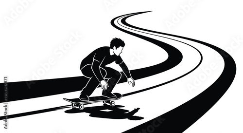 A stylized black and white illustration depicts a skateboarder riding along a winding road high quality professional