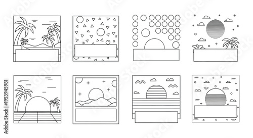 Minimalist line art illustrations featuring landscapes suns and geometric shapes