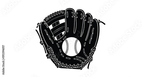 A black and white illustration depicts a baseball glove with a ball nestled inside ready for play