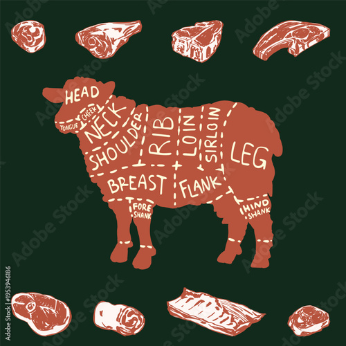 Vintage style lamb butcher chart featuring various meat cuts and skeletal sections, ideal for restaurant menus, butcher shop signage, and educational culinary posters, guides, food marketing