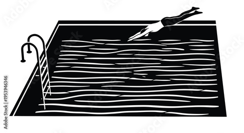 A stylized black and white illustration depicts a swimmer diving into a rectangular pool