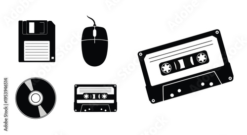 Vintage technology icons floppy disk mouse and other relics