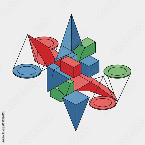 Complex geometric composition featuring various three-dimensional shapes and vibrant colors.