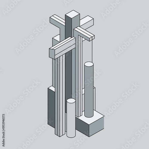 Isometric architectural rendering of a complex, abstract, and geometric structure.