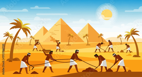 Ancient Egyptian workers building pyramids under the sun.