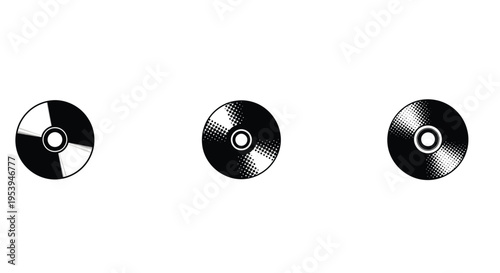 Arrangement of three compact discs in a black and white halftone style