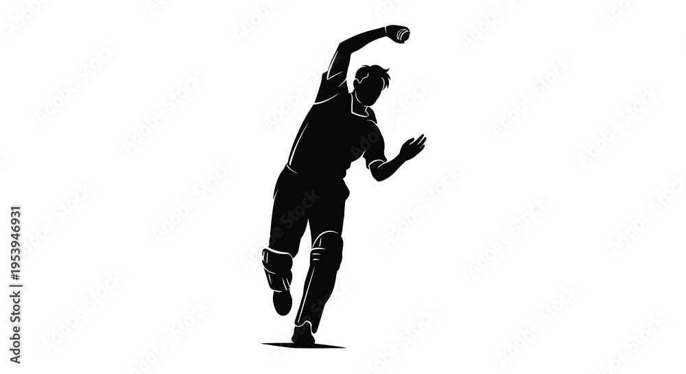 Fototapeta premium A silhouetted image captures a cricket bowler in the action of delivering a ball