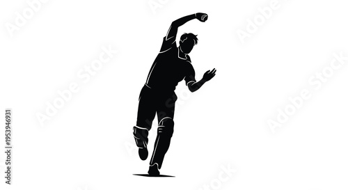 A silhouetted image captures a cricket bowler in the action of delivering a ball