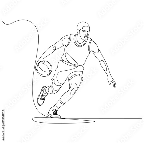Continuous line drawing of basketball player dribbling, symbolizing motion and sports.
