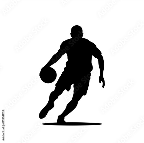 Silhouette of basketball player dribbling, symbolizing athleticism and dynamic motion.