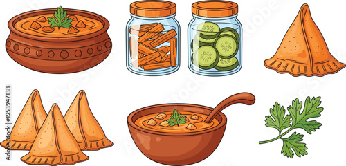 Traditional Indian food illustration set including curry bowls, samosas, pickles, cilantro garnish, cultural cuisine ingredients for cooking and restaurant design