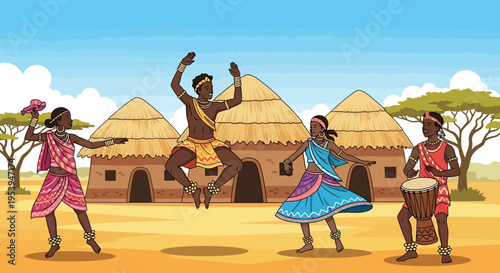 Vibrant African tribe members performing a traditional cultural dance.