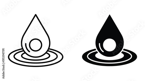 black and white water drop vector illustration with ripples flat design